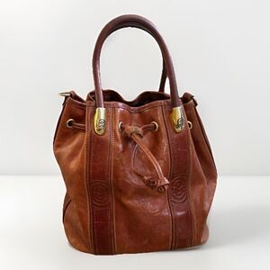 Marino Orlandi Bucket Bag Brown Vintage 90s Leather Striped Panel Neutral